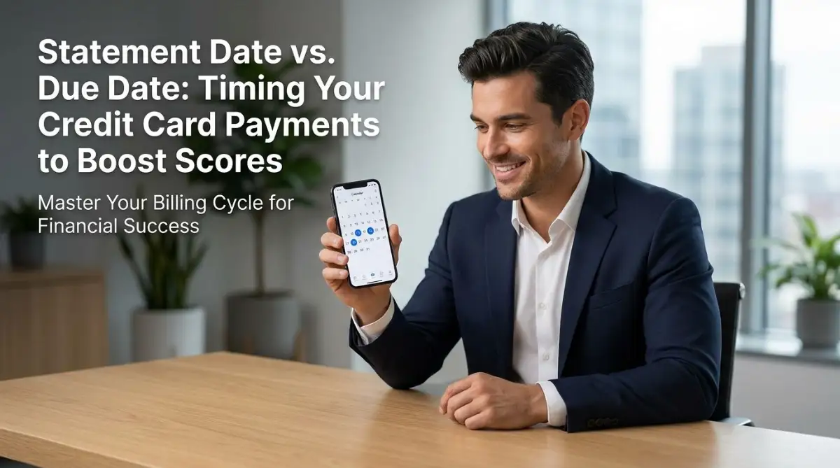 A professional male borrower reviewing his credit card billing calendar to time his payments between statement date and due date.