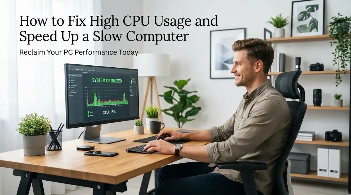 A relieved young man smiling at his fast laptop after fixing high CPU usage and optimizing his computer performance.