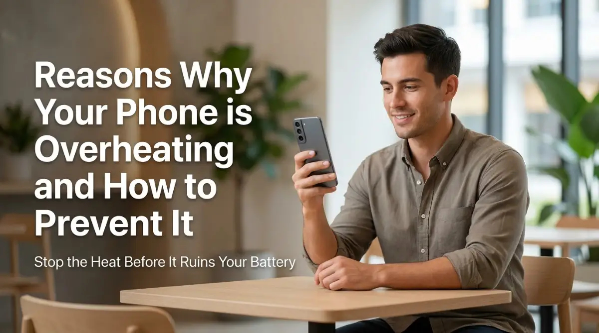 A relieved young man holding his cool, perfectly functioning smartphone after fixing the reasons why his phone was overheating.